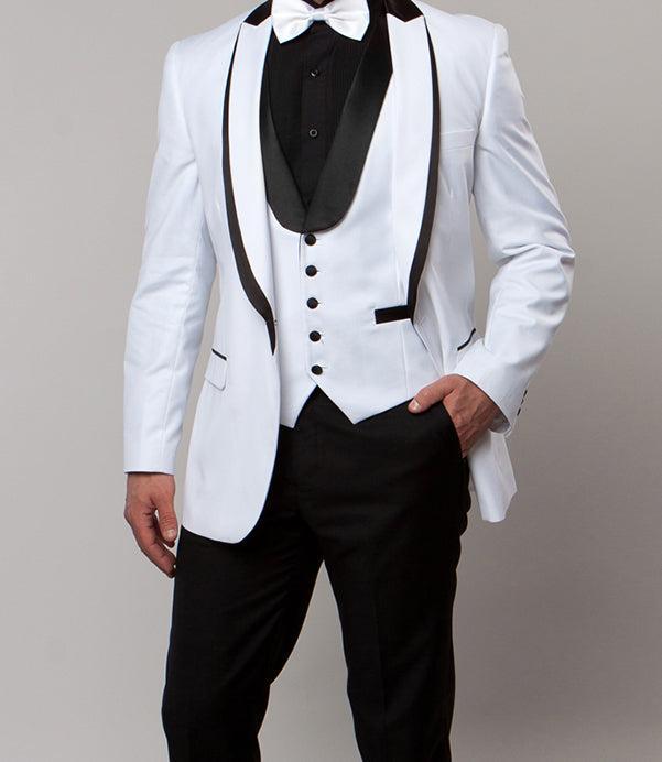 White Slim Fit Tuxedo 3 Piece with Satin Shawl Collar Vest Product Image