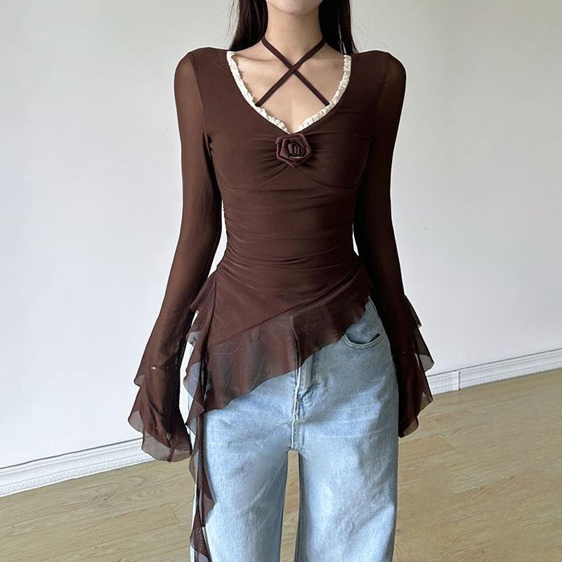 Flared-Sleeve Cold-Shoulder Plain Ruffle Asymmetrical Blouse Product Image