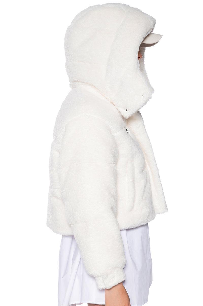 MARDIE FUZZY BEIGE HOODED PUFFER Product Image