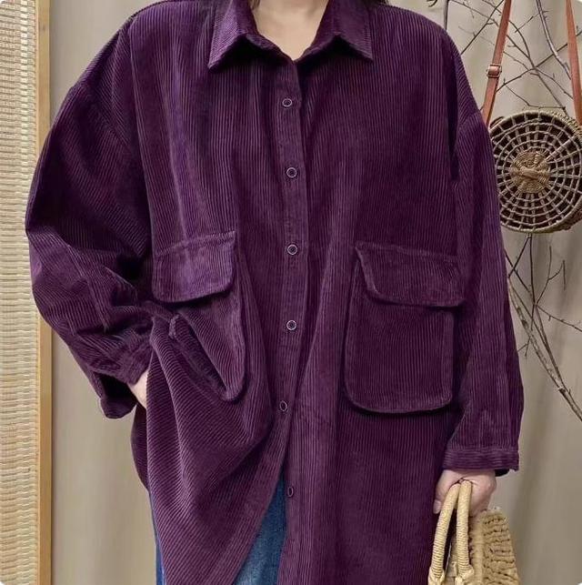 Long-Sleeve Plain Corduroy Oversized Shirt Product Image