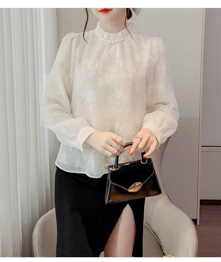 Long-Sleeve Floral Faux Pearl Lace Blouse Product Image