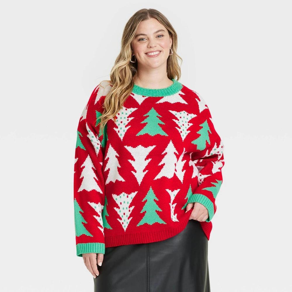 Womens Christmas Tree Print Oversized Festive Graphic Sweater - Red Product Image