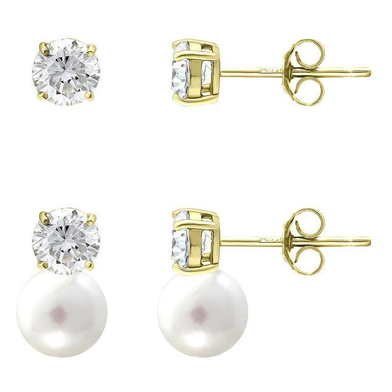 Aleure Precioso 18k Gold Over Silver 2 Pair Cubic Zirconia & Freshwater Cultured Pearl Stud Earrings Set, Womens, Gold Tone White Product Image