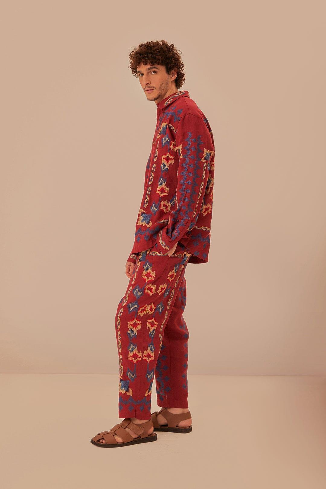 Red Floral Embroidery Jacquard Pants Product Image