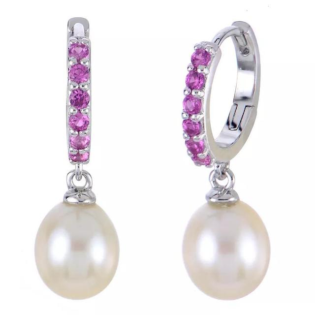 PearLustre by Imperial Sterling Silver Freshwater Cultured Pearl & Lab-Created Pink Sapphire Hinged Hoop Earrings, Womens Product Image