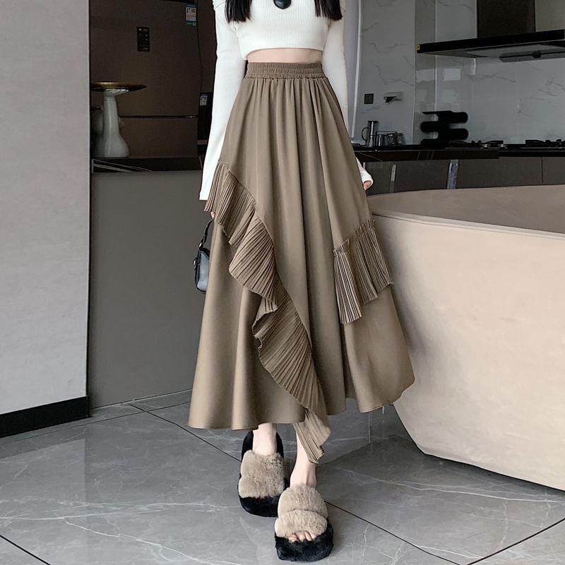 High Rise Plain Ruffle Asymmetrical Maxi A-Line Skirt Product Image