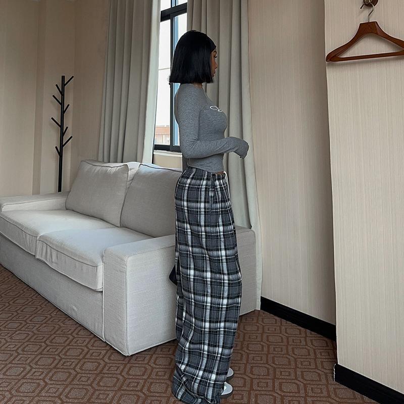 Drawstring Waist Plaid Wide Leg Pants Product Image