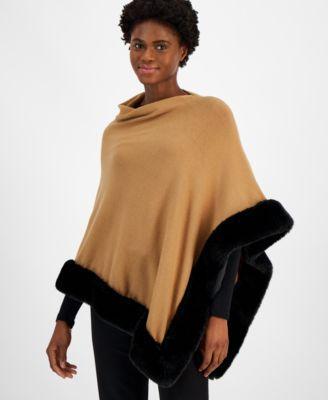 Anne Klein Womens Faux Fur Trim Poncho Top - Vicuna Product Image