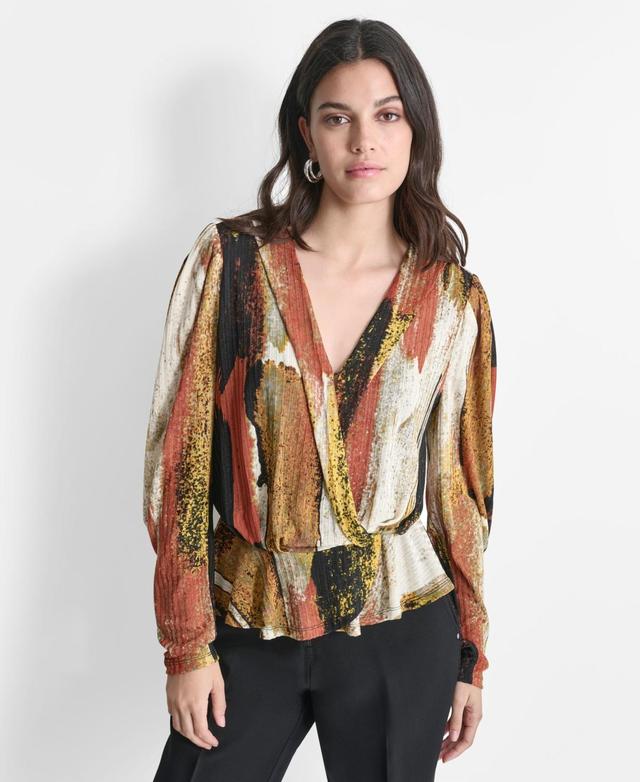 Dkny Womens Faux-Wrap Long-Sleeve Top Product Image