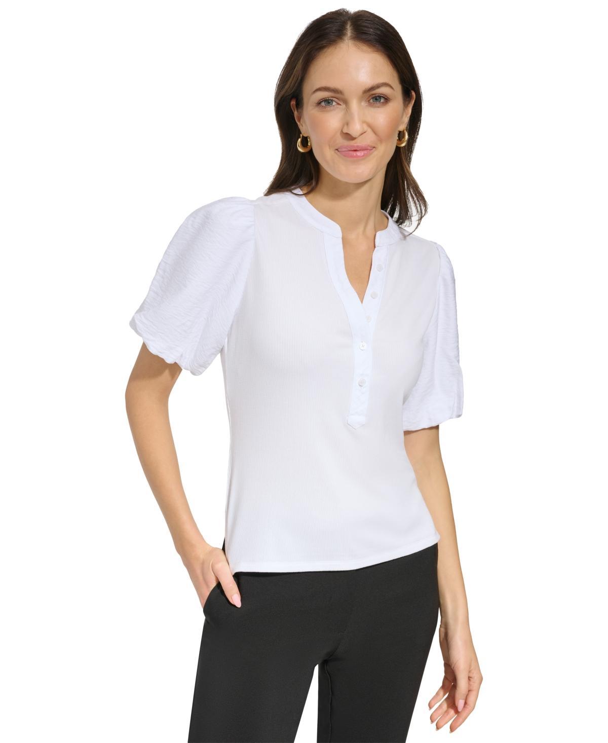 Dkny Womens Puff-Sleeve Ribbed Henley Shirt Product Image