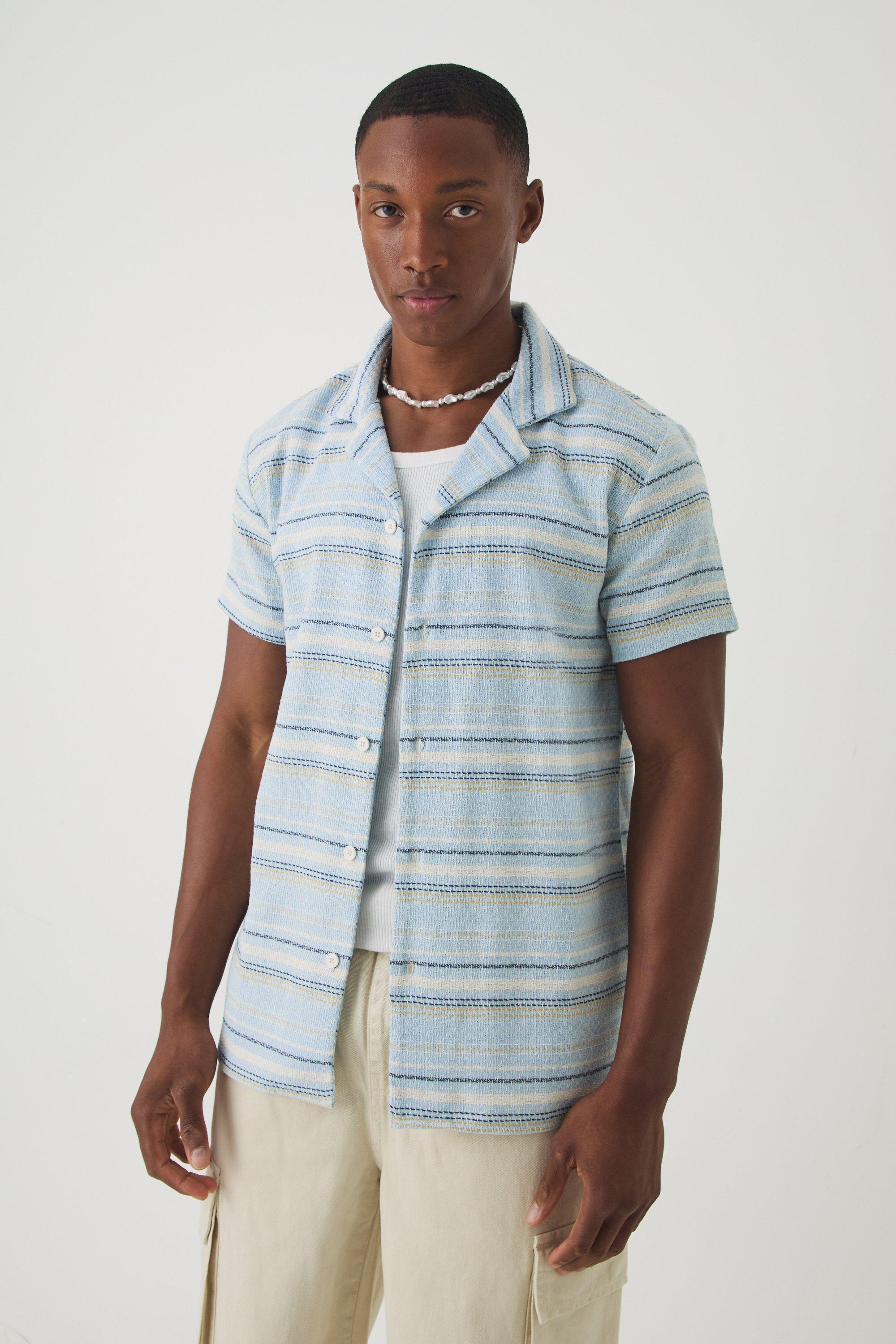 Short Sleeve Textured Stripe Shirt | boohooMAN USA Product Image