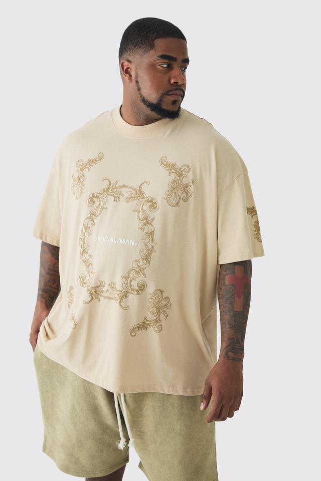 Plus Oversized Extended Neck Official Man Baroque Print T-Shirt | boohooMAN USA Product Image