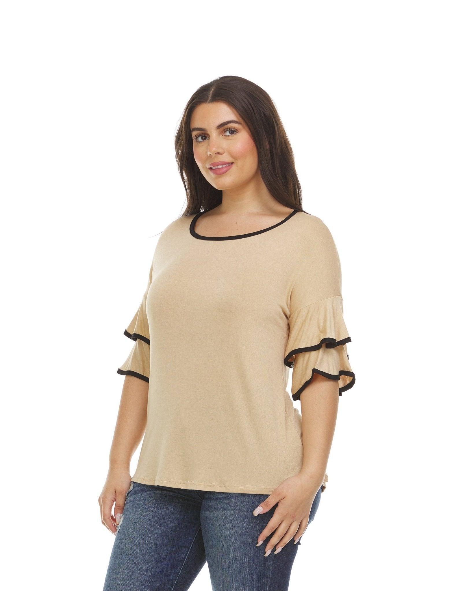 Womens Multi Ruffle Sleeve Top With Contrast Color Trim On Ruffles & Neckline Product Image