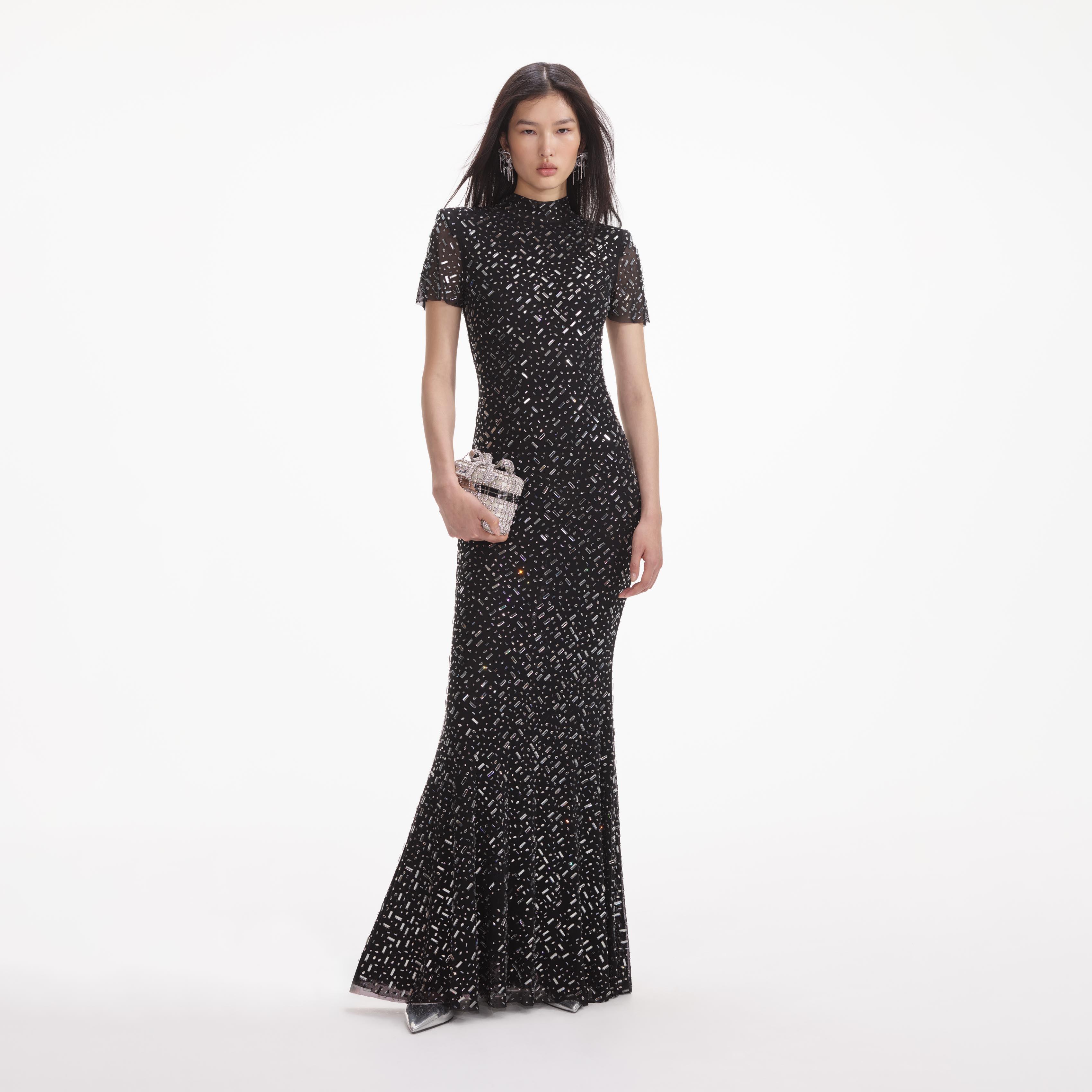 Black Square Rhinestone Mesh Maxi Dress Product Image