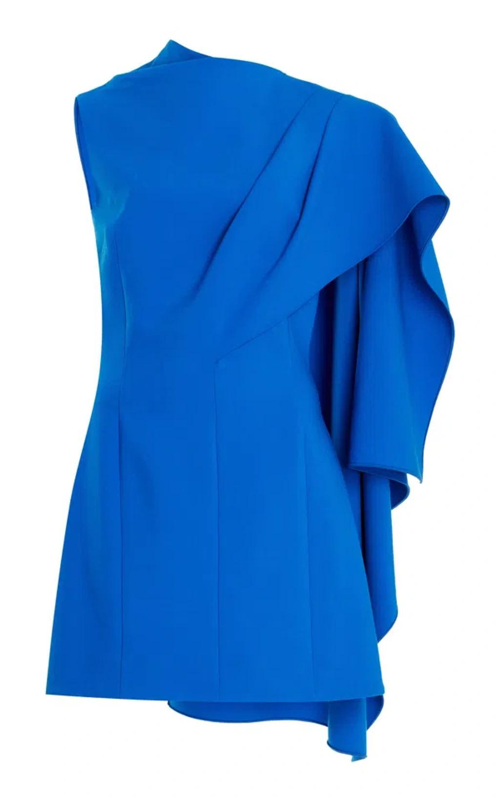 OSCAR DE LA RENTA One Shoulder Cape Detail  Stretch Wool Dress In Lapis Product Image