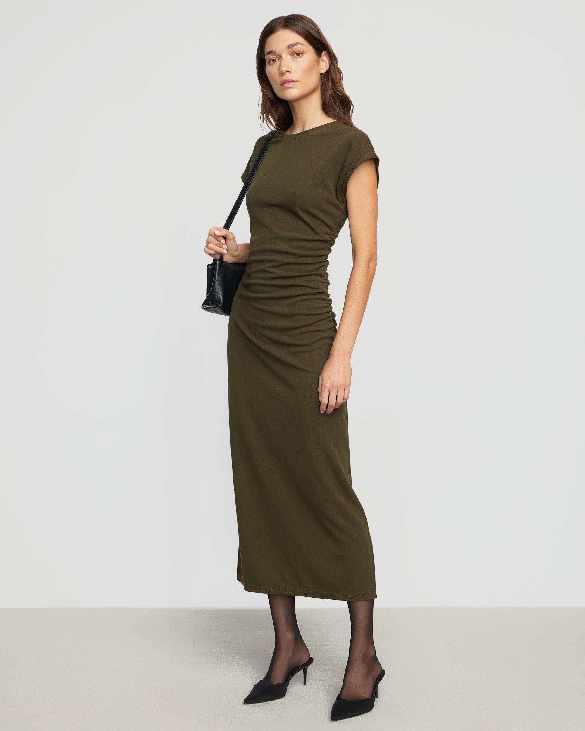 Vela Contrast-Stitch Ruched-Waist Dress Product Image