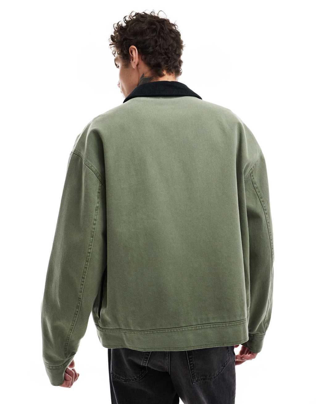 ASOS DESIGN oversized washed harrington jacket with cord collar in khaki Product Image