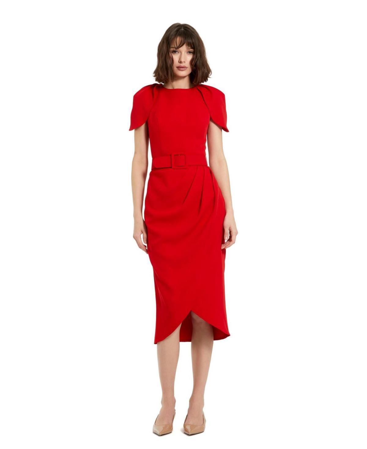 Womens Crepe Belted Tulip-Hem Midi-Dress Product Image