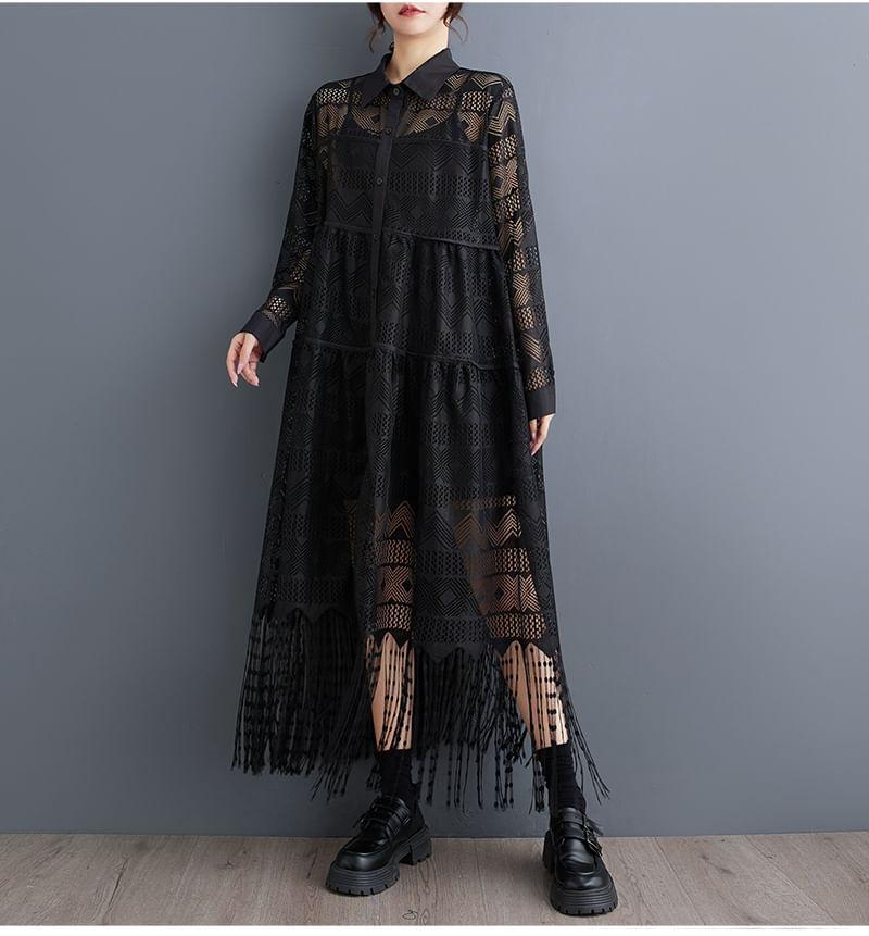 Long-Sleeve Lace Fringed Maxi Shirt Dress Product Image