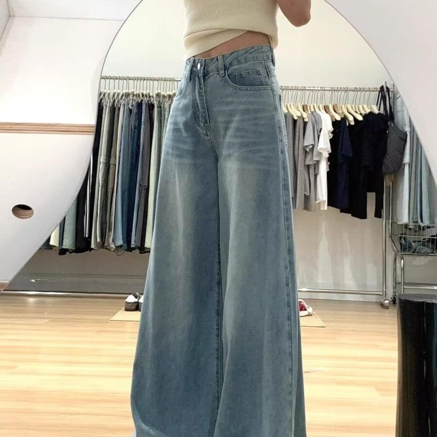 High Waist Washed Wide Leg Jeans Product Image