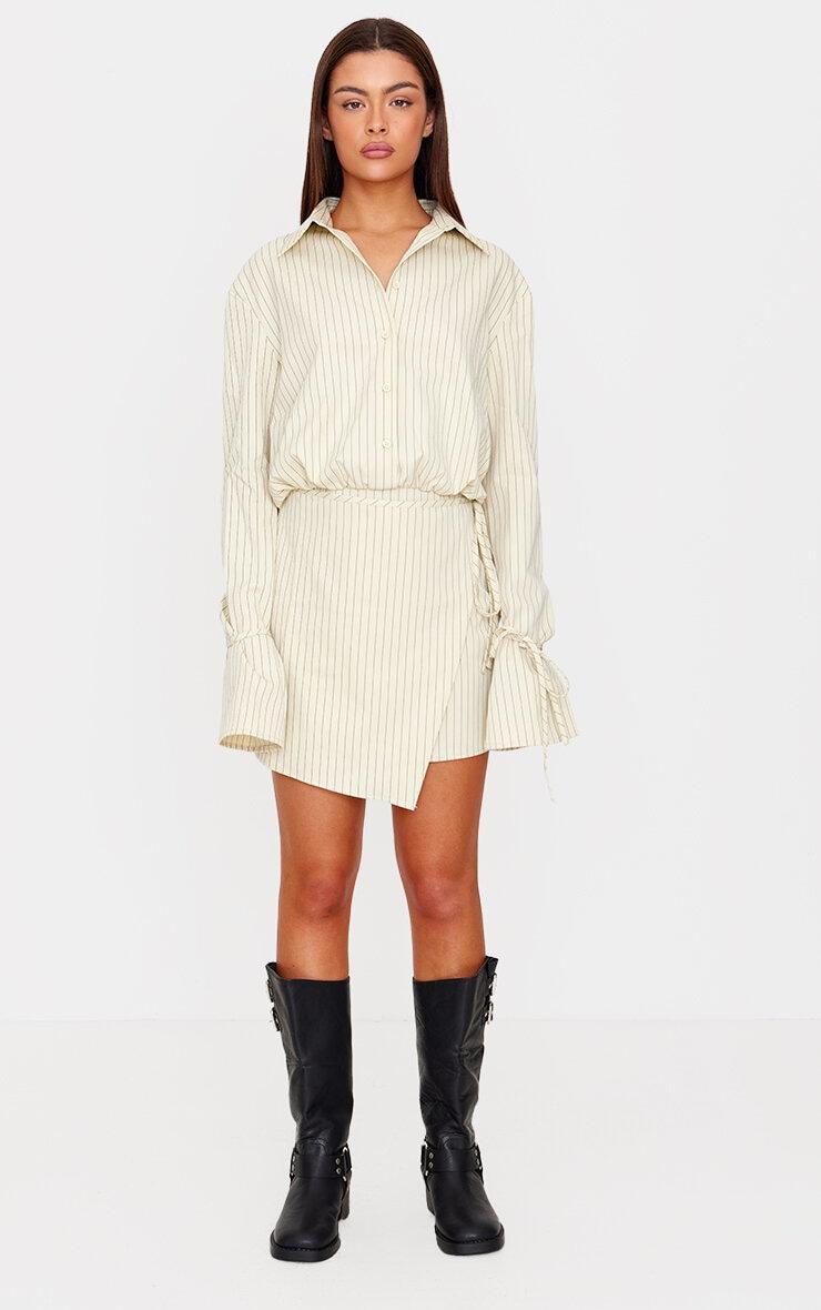 Cream Pinstripe Wrap Shift Dress Product Image