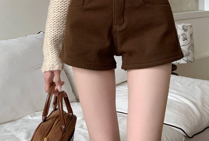 High Waist Plain Fleece-Lined Denim Shorts Product Image