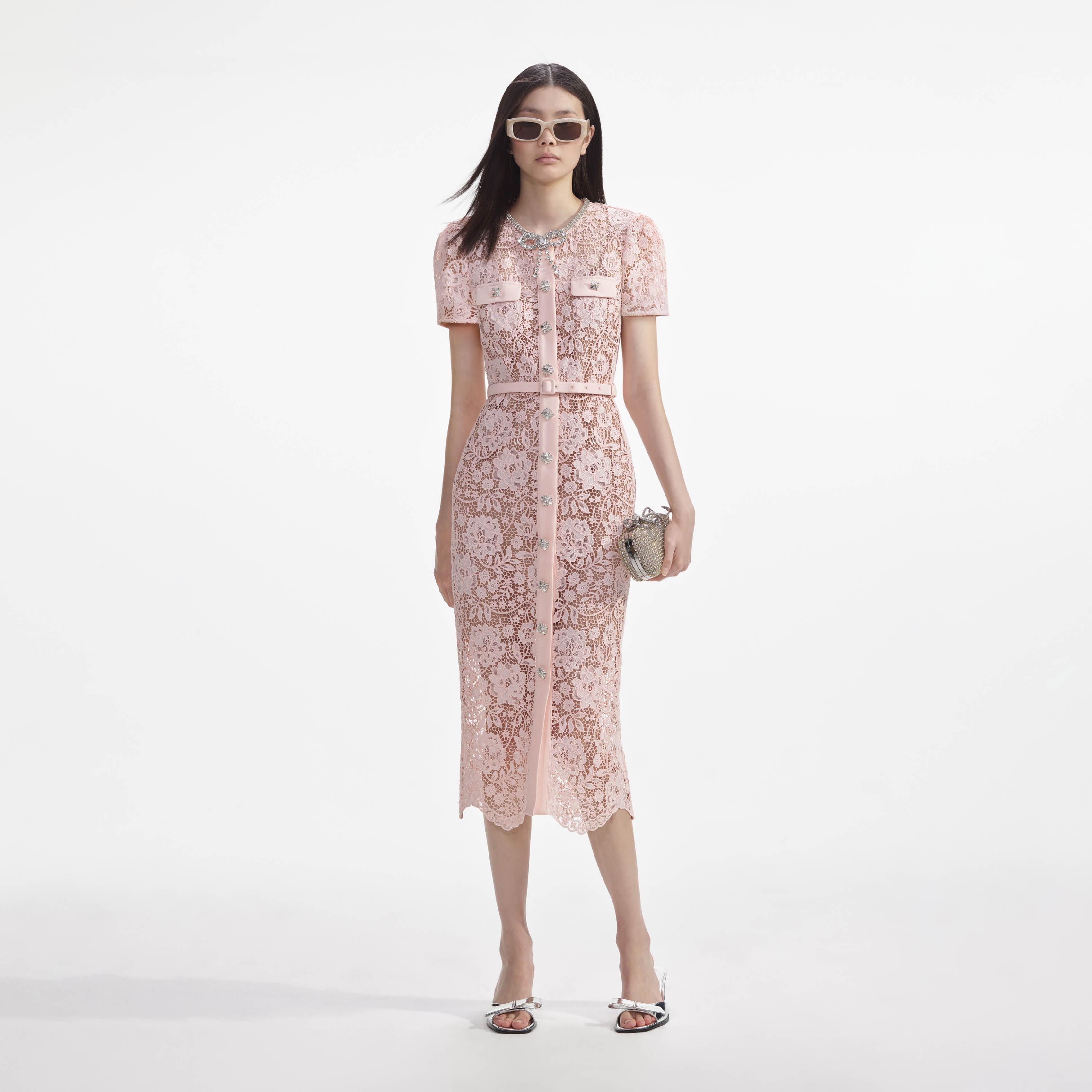 Pink Lace Diamante Bow Midi Dress Product Image