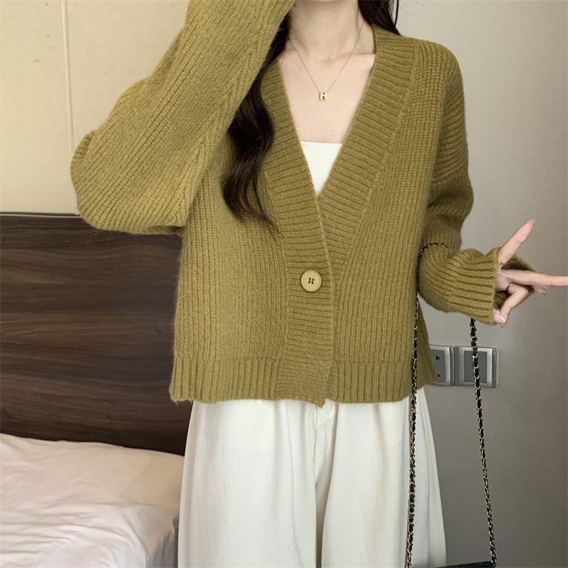 V-Neck Plain Ribbed Single-Button Cardigan Product Image