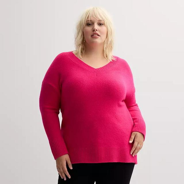 Plus Size Nine West V-Neck Tunic Sweater, Womens Gerbera Pink Product Image