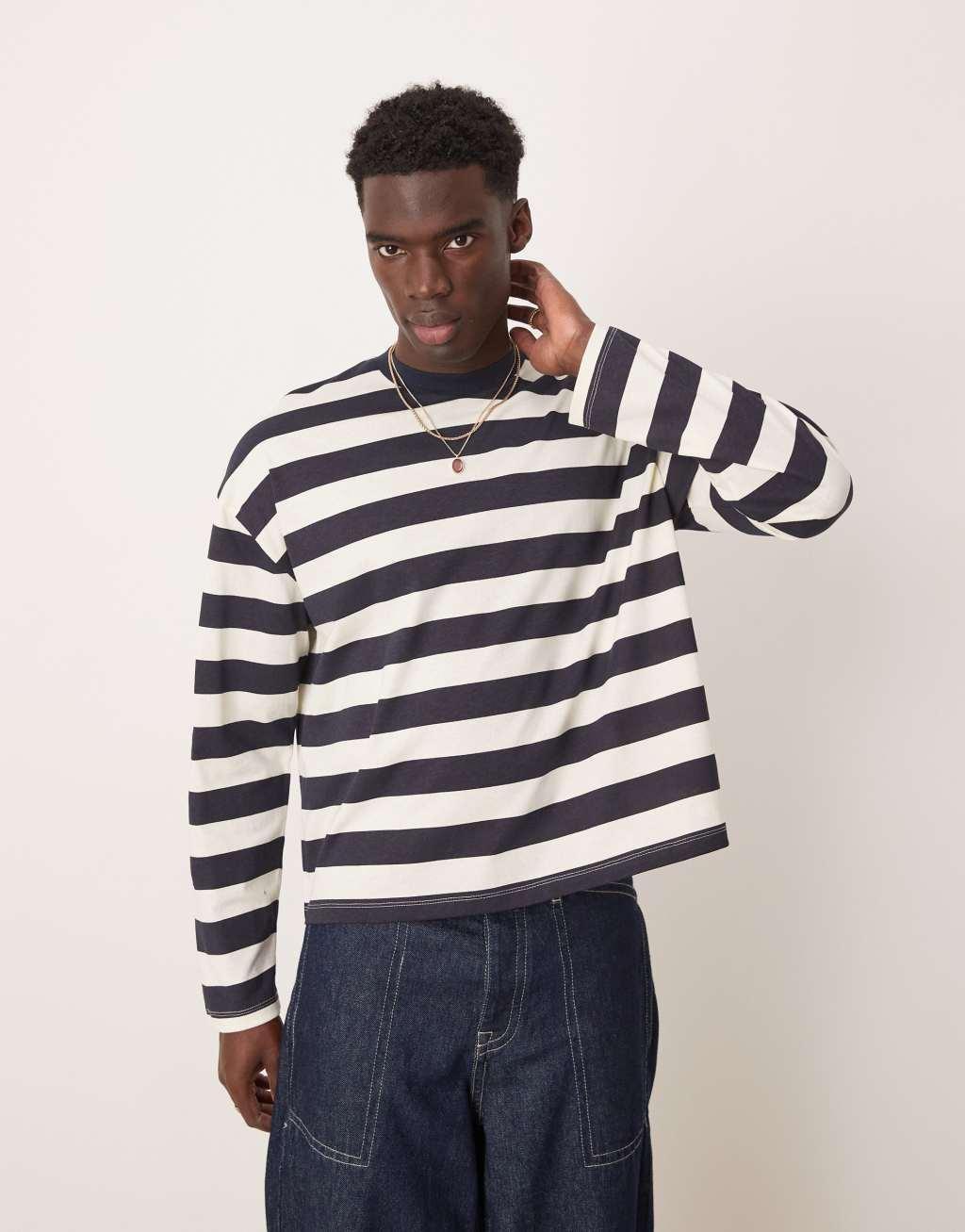 ASOS DESIGN boxy oversized long sleeve t-shirt in navy and white stripe Product Image