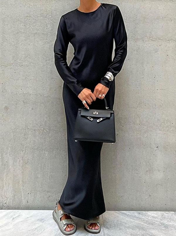 Casual Loose Long Sleeves Solid Color Round-Neck Maxi Dresses Product Image