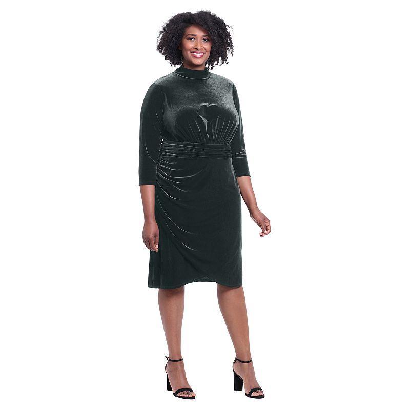 Plus Size London Times Mockneck Ruched Velvet Dress, Womens Product Image