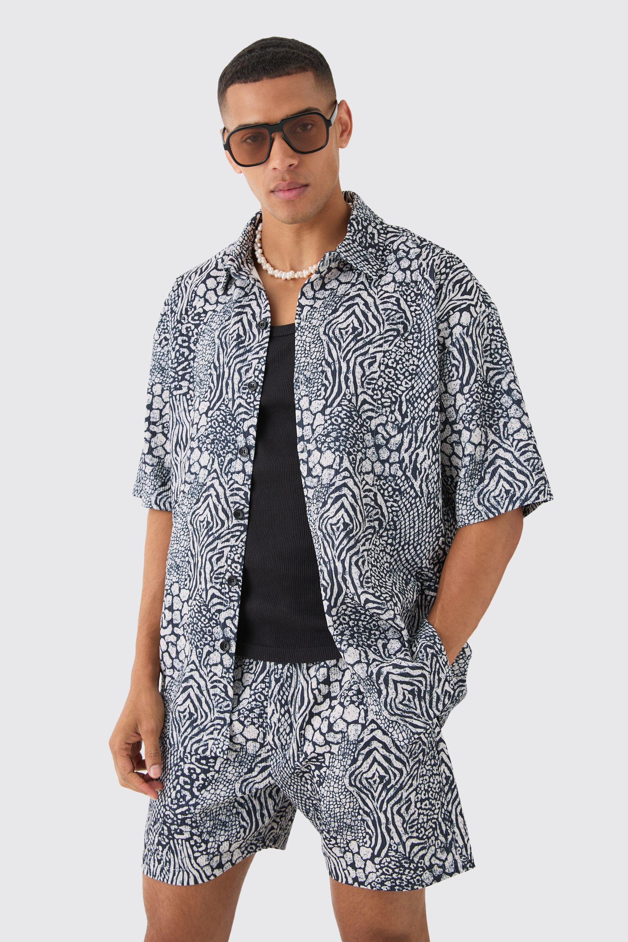 Oversized Pleated Animal Print Shirt & Short Set | boohooMAN USA Product Image