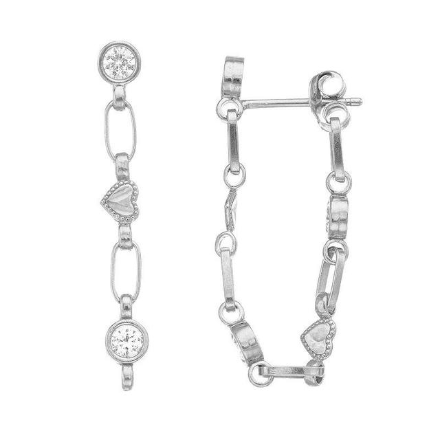 Kristen Kesho Sterling Silver Lab-Created White Sapphire Front-to-Back Heart Link Chain Hoop Earrings, Womens, Grey Product Image