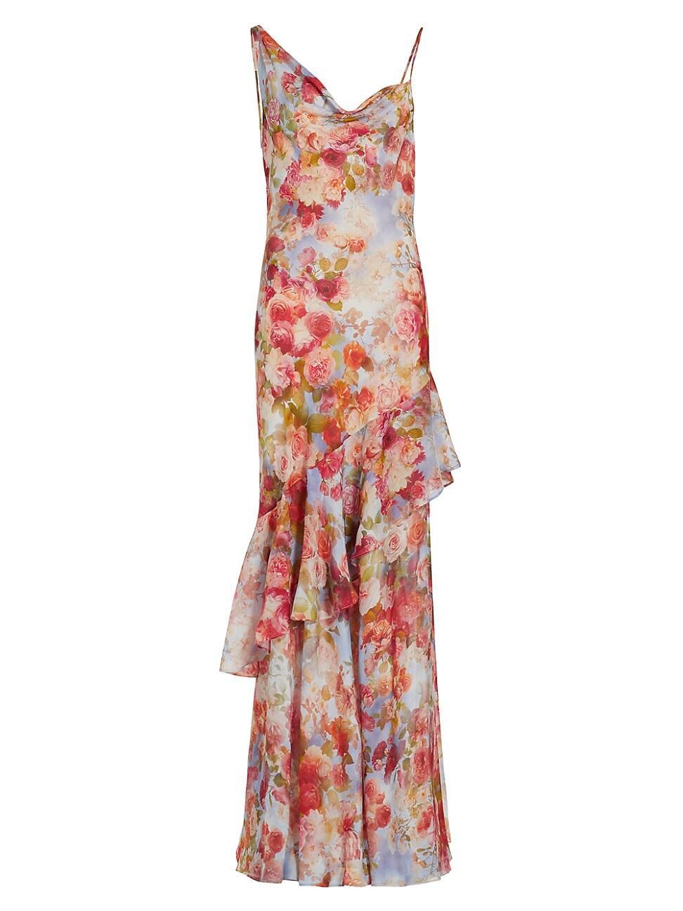 Womens Viola Asymmetric Cowlneck Floral Silk Gown Product Image