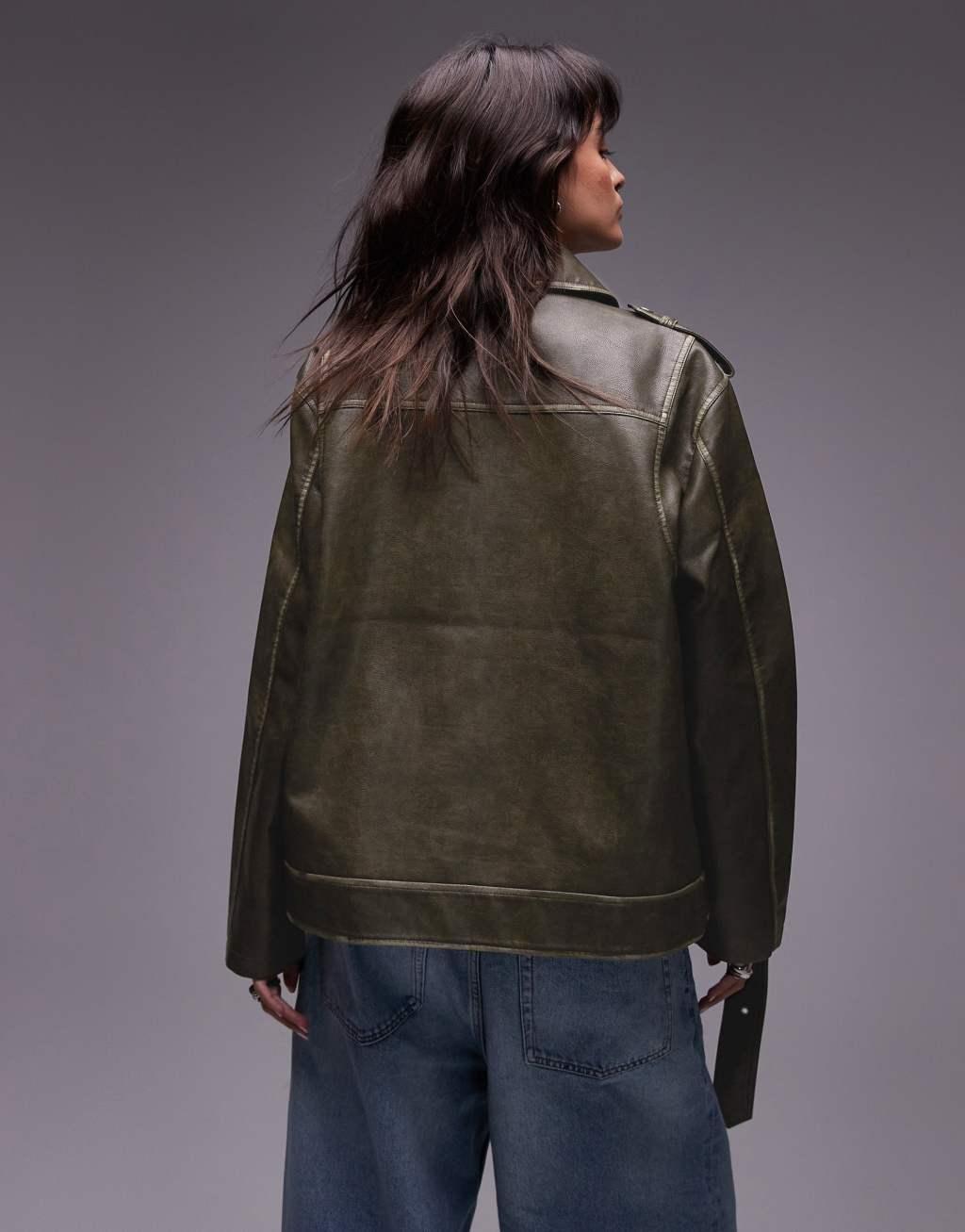 Topshop super oversized faux leather biker jacket in washed green Product Image