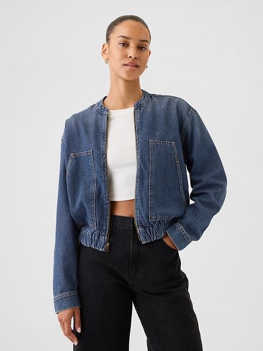 UltraSoft Denim Cropped Bomber Jacket Product Image