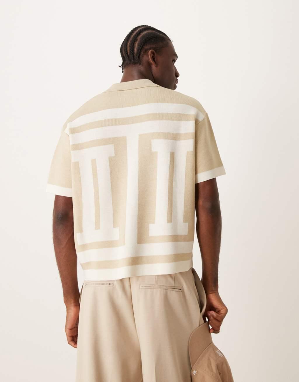 ASOS DESIGN oversized boxy knitted shirt with pattern in neutral Product Image