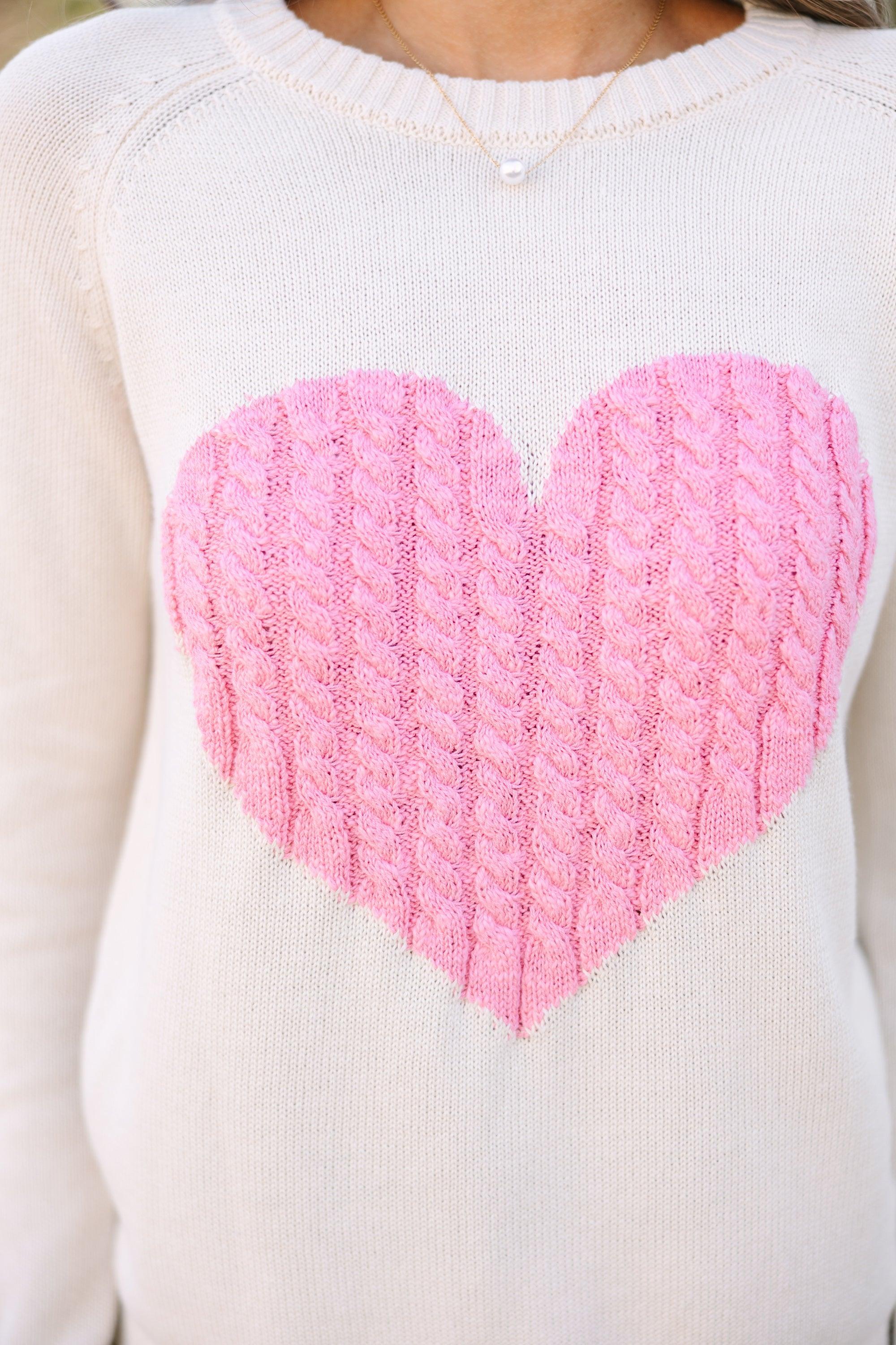 All For Love Oatmeal and Pink Heart Sweater Female Product Image