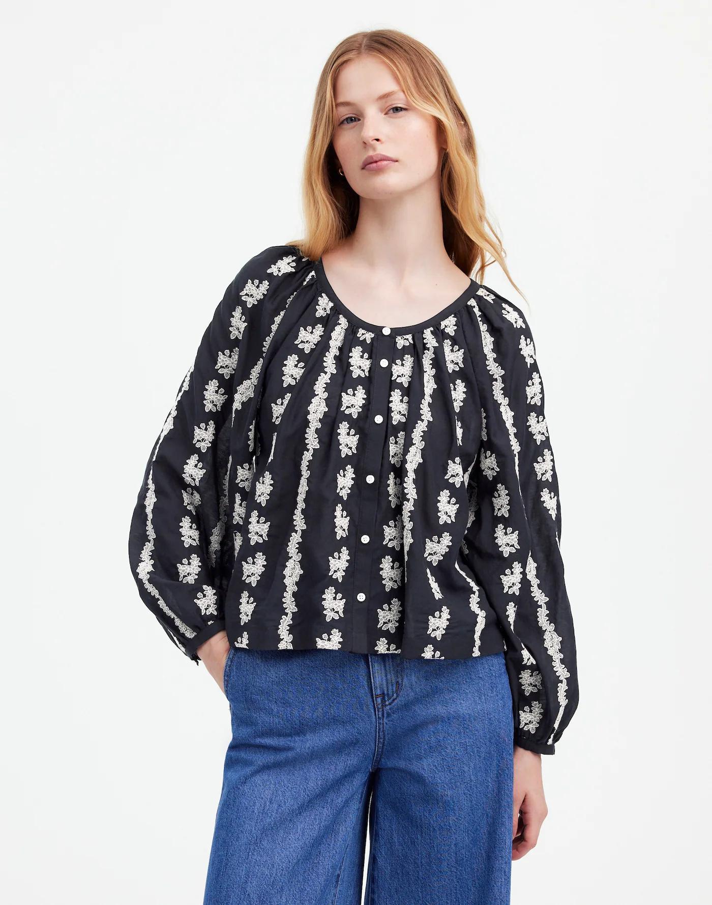 Embroidered Puff-Sleeve A-Line Top Product Image