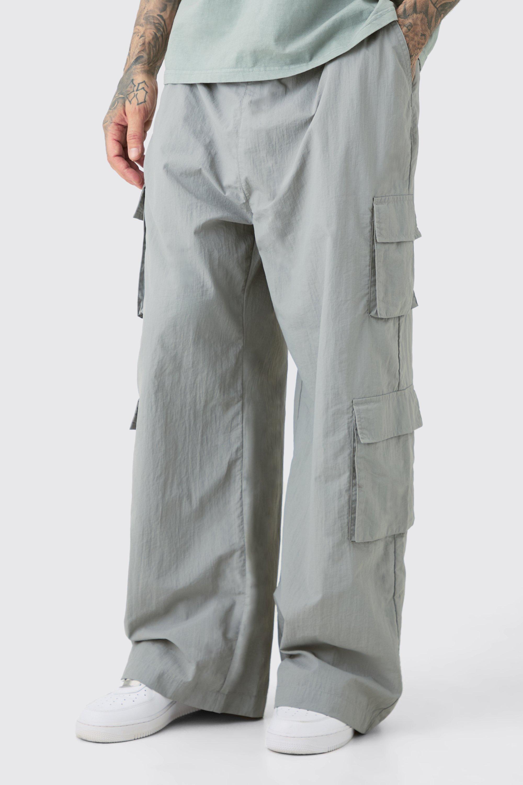 Mens Grey Tall Multi Pocket Parachute Trousers, Grey Product Image