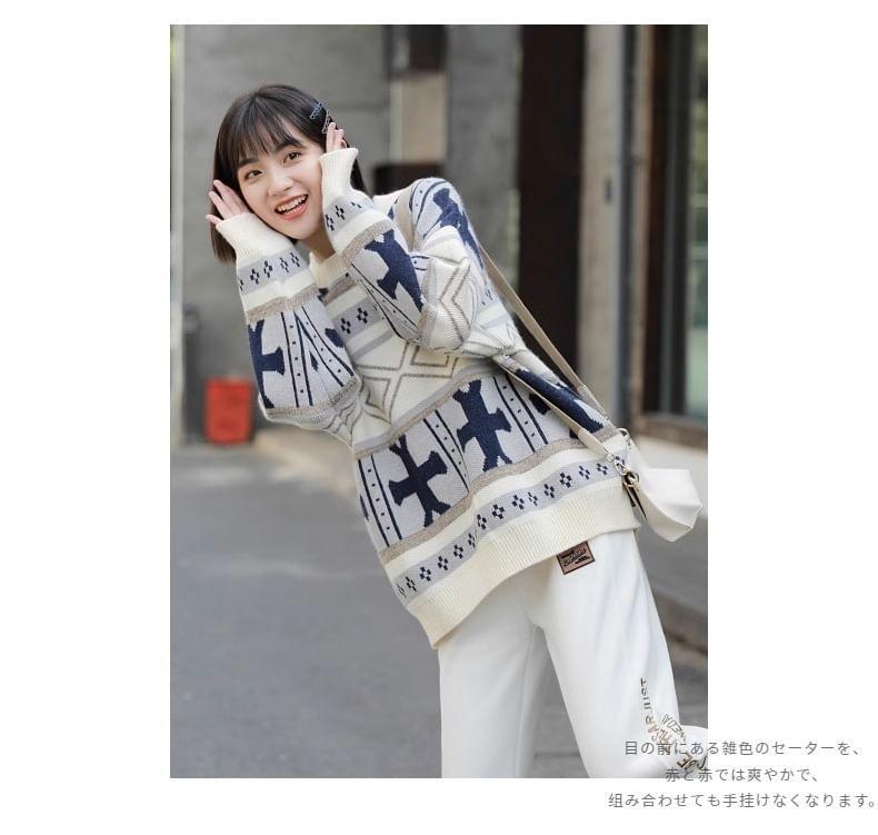 Crew Neck Patterned Oversized Sweater Product Image