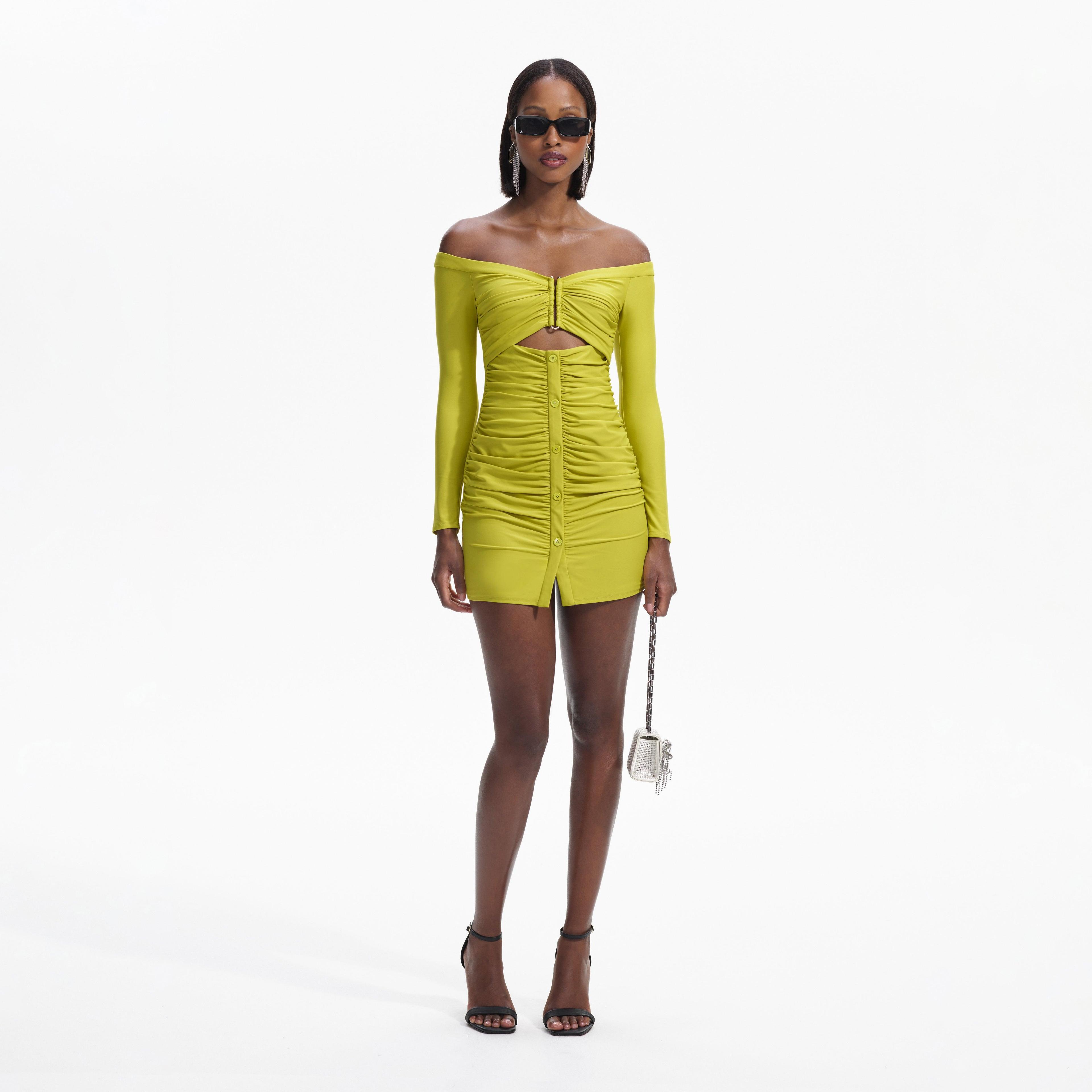 Chartreuse Off Shoulder Mini Dress Product Image