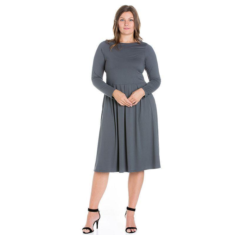 Plus Size 24seven Comfort Apparel Long Sleeve Fit and Flare Midi Dress, Womens Grey Product Image