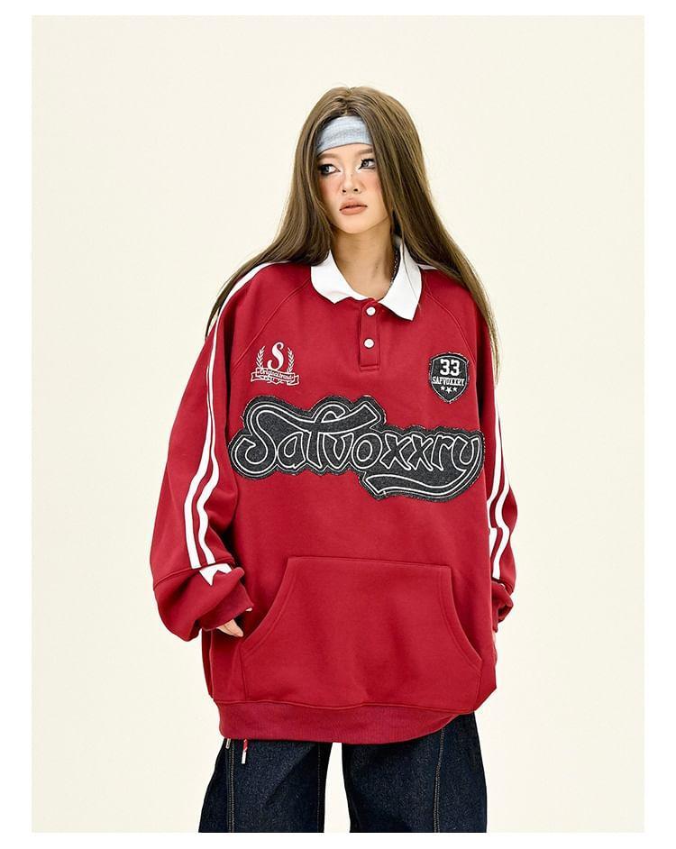 Polo Collar Lettering Embroidered Oversized Sweatshirt Product Image