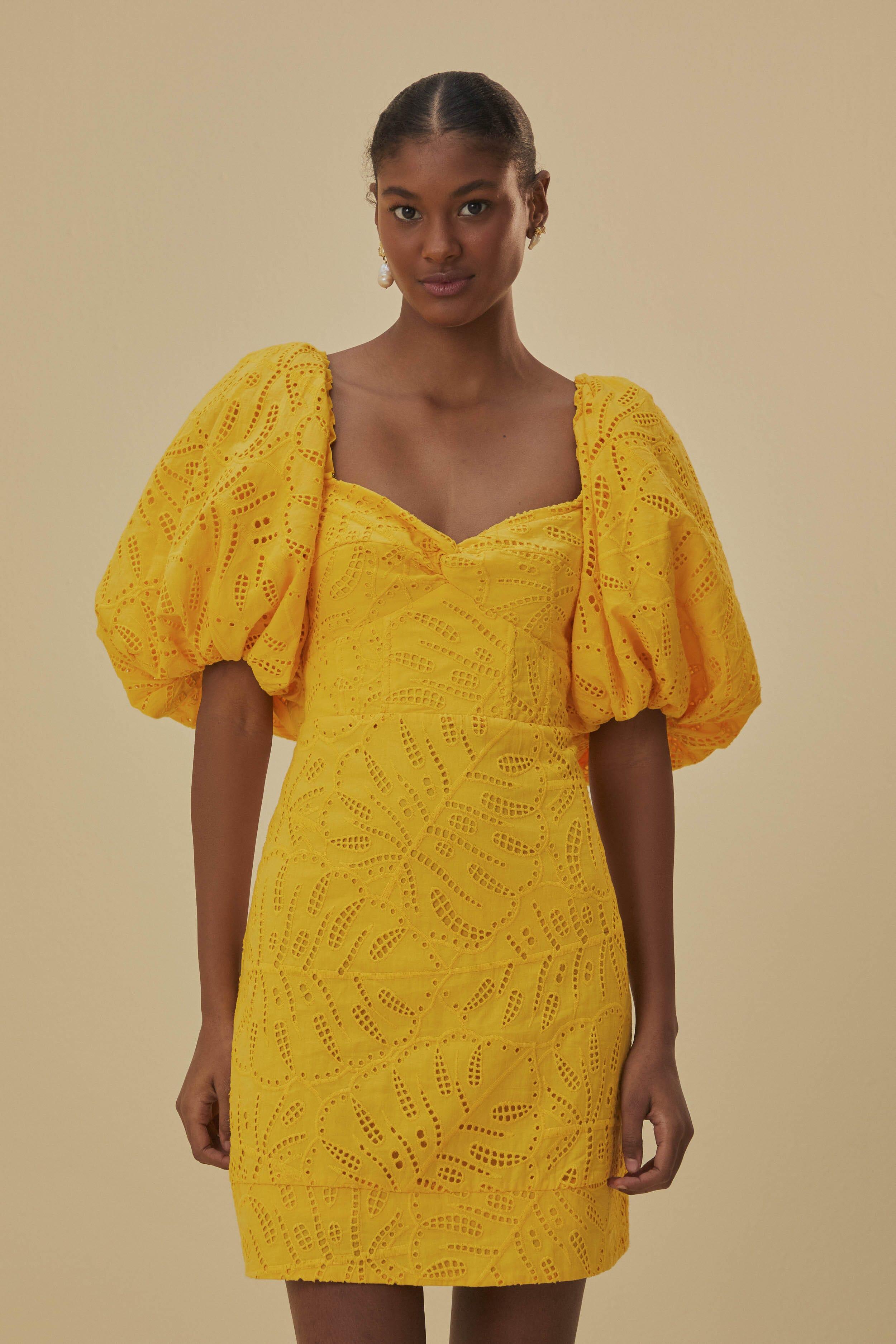 Yellow Monstera Eyelet Short Sleeve Mini Dress, YELLOW / S Product Image