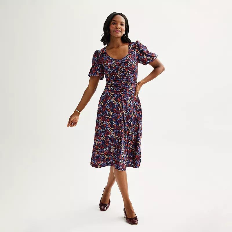 Womens Draper James Ditsy Floral Puff Sleeve Ruched Midi Dress Blue Ditsy Floral Product Image