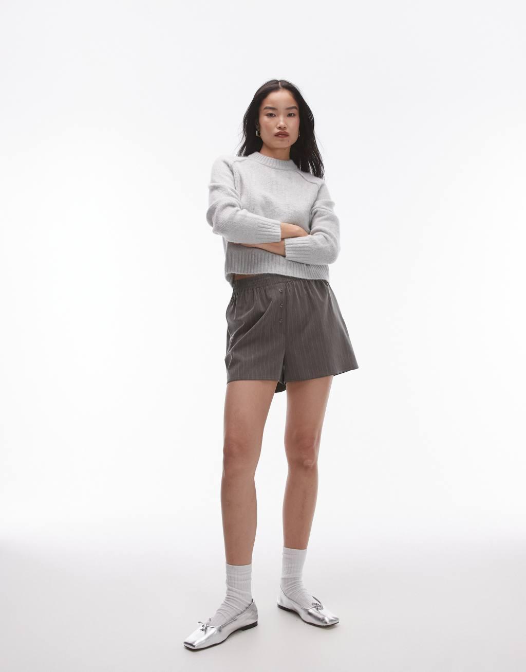 Topshop knit crew with raglan and exposed seam sweater in light gray Product Image