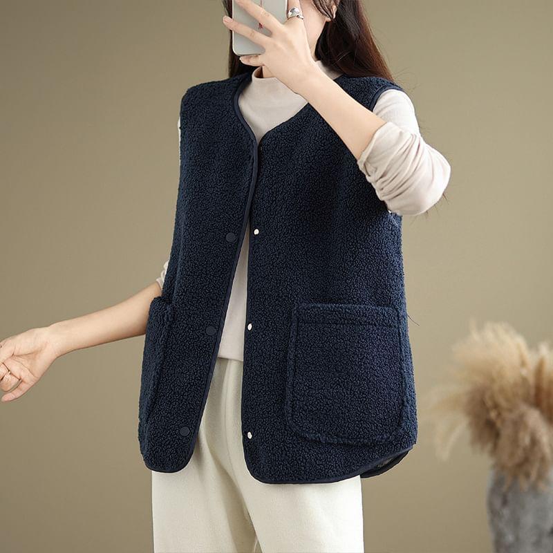 V-Neck Plain Fleece Single Breasted Vest Product Image