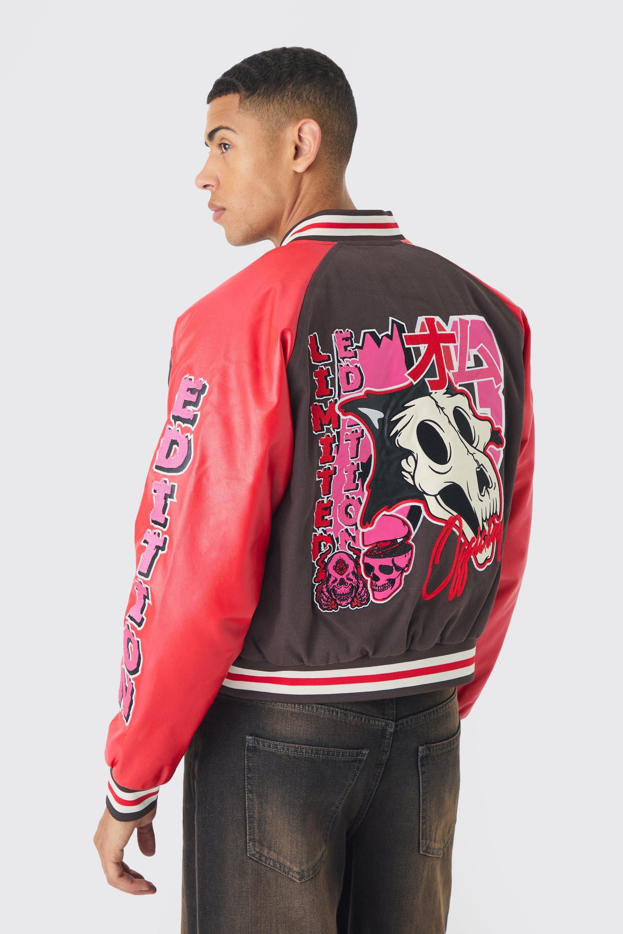 Boxy Twill Limited Badge Pu Sleeve Varsity Jacket In Red | boohooMAN USA Product Image